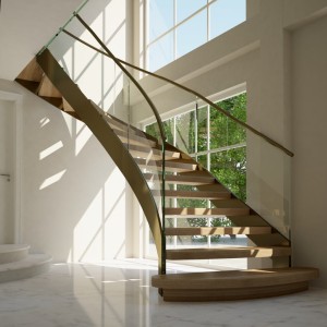 Contemporary open rise staircases double strings to sandwich the frameless glass balustrades for a totally clean curved stair Contemporary open rise staircases