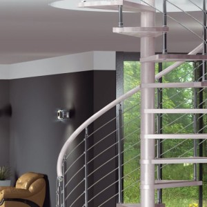 Designer spiral staircase with high gloss lacquer finish and chromed traversal rod style balustrade Designer spiral staircase with high gloss lacquer finish and chromed traversal rod style balustrade