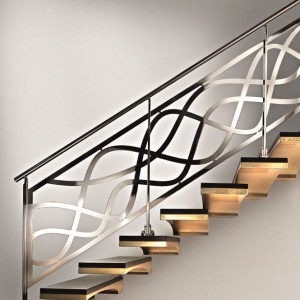 Floating staircase curved treads with laser cut feature stainless steel balustrade1 Floating staircase curved treads with laser cut feature stainless steel balustrade1