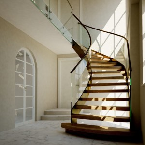 Helical open rise feature staircase inset glass balustrades Helical open rise feature staircase inset glass balustrades