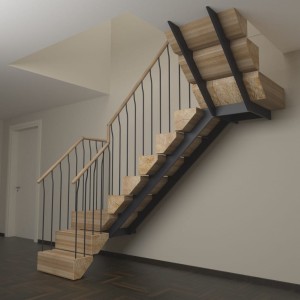 Double spine staircase with oversized sleeper style treads and a wrought iron balustrade Double spine staircase with oversized sleeper style treads and a wrought iron balustrade