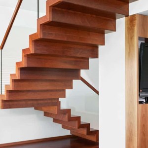 Zig zag staircase with frameless glass and walnut finish Zig zag staircase with frameless glass and walnut finish