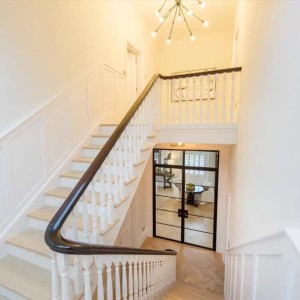 White engineered parquet blocks and matching oak stair treads