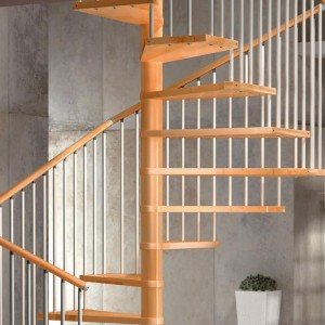 Modular spiral staircase beech treads and handrail with painted steel spindles Modular spiral staircase beech treads and handrail with painted steel spindles