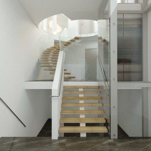 Central spine staircases, one curved central spine stair and one straight central spine oak treads and frameless glass balustrades Central spine staircases, one curved central spine stair and one straight central spine oak treads and frameless glass balustrades